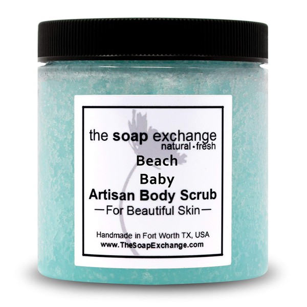 The Soap Exchange Sugar Body Scrub - Beach Baby Scent - Hand Crafted 16 fl oz / 480 ml Natural Artisan Skin Care, Shea Butter, Exfoliate, Moisturize, & Protect. Made in the USA.