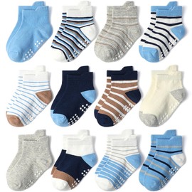 Baby Non Slip Grip Ankle Socks, 12-Pack [Cartoon] Sticky Slippery Cotton Crew Socks for 1-3/3-5 Years Old Infants Toddlers Kids Boys Girls Crawling Unisex Ankle Socks Non Skid Sole for Babies Boy Girl