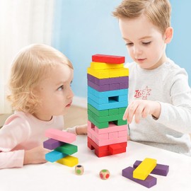 KABENFIS Wooden Building Blocks Colourful Tower Game with Storage Bag for Children Boys and Girls