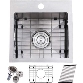 VALISY 15 x 15 Inch SUS304 Stainless Steel Square Topmount Drop-In Small Kitchen Bar Sink，Single Basin Sink for Wet Bar Prep RV Yard Office Laundry Utility with Dish Grid & Drain & Roll-up dishrack