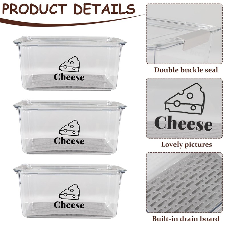 Yomjarl 3 Pack Cheese Container Airtight with Draining Basket Cream
