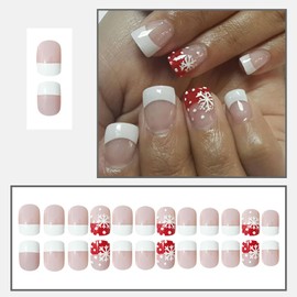 RIICFDD Christmas Press-on Nails: Square, Short, Snowflake Glue-on Acrylic Nails - White, French, Full Cover, Reusable, Stick-on - 24 Pcs