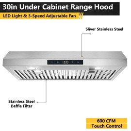 SNDOAS 30" Kitchen Under Cabinet Range Hood 600CFM Touch Panel 3-Speed Cook Fan w/LEDs