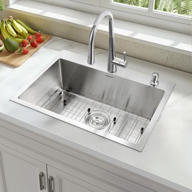 25-Inch Drop-In Kitchen Sink, SINKVINE 25" x 18" Stainless Steel Indoor and Outdoor Sink, Top Mount Large Deep Single Bowl Sink for Laundry Room, with Drain Strainer, Bottom Grid, Roll-up Drying Unit