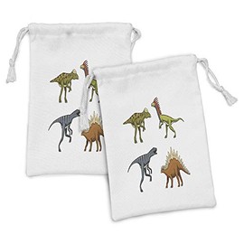 Ambesonne Dinosaur Fabric Pouch Set of 2, Wild Fossils Prehistoric Scary Animals Reptiles Look Like Dragons Fantasy Print, Small Drawstring Bag for Toiletries Masks and Favors, 9" x 6", Multicolor