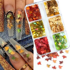 Fall Nail Art Glitters Sequin - Autumn Thanksgiving Nail Art Supplies -3D Holographic Fall Maple Leaf Nail Sequins - 6Grids Maple Leaves Glitter Flake Stickers Decals for Women Manicure Tip Decoration