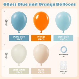 60pcs 12inch Blue and Orange Balloons, Dusty Blue Light Blue Orange Sand White Nude Balloons with Ribbon for Baby Shower Blue Birthday Party Decorations