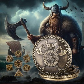 Mini DND Dice Set with Viking Helmet with Double Axes Pocket Watch Shell Case, DND Starter Set, 7pcs Polyhedral Mini Metal Dice Set, D&D Gifts with Gift Box, Role Playing Board Game Accessories,Bronze