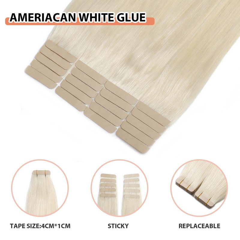 XDhair Tape in Hair Extensions 22Inch Seamless Platinum Blonde Glue