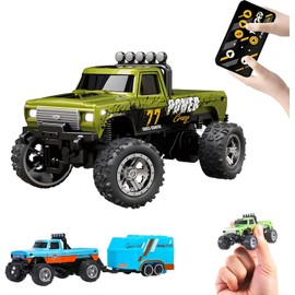 YRounee 1:64 Mini RC Monster Truck with LED Lights | 2.4GHz Off-Road Remote Control Car | 3 Speed Adjustable, USB Rechargeable Alloy RC Truck for Kids & Adults Indoor/Outdoor Racing (Olive Green)
