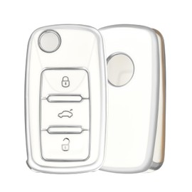 OFF WE GO Car Key Cover for VW Volkswagen Golf MK5 Polo Up Jetta Caddy Beetle Seat Ibiza Leon Skoda Fabia Tiguan Transporter, TPU Car Key Protective Case 3 Button Key Shell Flip Key - White Silver