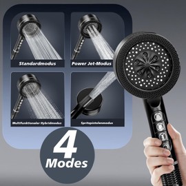 Shower Head with Filter, High Pressure Hand Shower with Filtration in 8 Layers, 3+1 Jet Types Shower Head with Stop Function, with 1.5 m Shower Hose and Stand, for Hard Water/Bacteria/Residual
