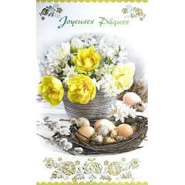 Happy Easter Card Spring Flowers Bouquet Yellow Tulips Daffodils Narcissus Egg Nest Comes with Envelope Size 12 x 19.5 cm FSC Ecolabel Paper Sustainable Management Forests Made in Europe 12-6013