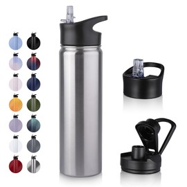 UMBFUN Stainless Steel Drinking Bottle – 750 ml – with Straw, Leak-Proof, Suitable for Carbonated Drinks, BPA-Free Thermos Bottle (+ 2 Lids) Vacuum Double Wall Insulation for Sports, Travel, Camping,