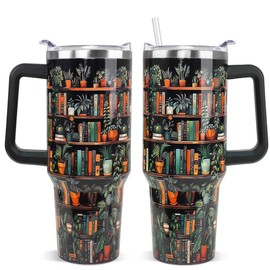 Rcvlauf Plant Lover Gifts Bookshelf Tumbler with Handle & Straw Book Lovers Coffee Travel Mugs 40 oz Insulated Cup Gifts for Gardeners,Plantaholic,Plant Lady Readers,Bookish