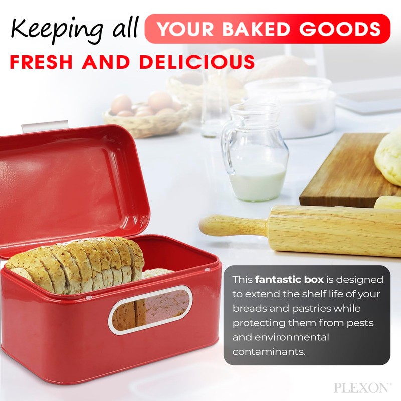 Plexon Red Bread Box for Kitchen Countertop with Lid and