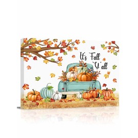 Canvas Wall Art Picture Prints Thanksgiving Pumpkin Teal Farm Truck Oil Painting Artwork on Canvas for Bedroom Living Room Bathroom Fall Orange Maple Leaves Stretched and Framed Painted