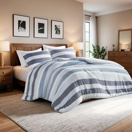 Queen Comforter Set, 3 Pieces Striped Bed Set, Soft Brushed Microfiber Reversible Bedding Set for All Season, Lightweight & Breathable Bedding Set with Comforter & Shams, Navy/Blue