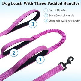 WYuZe 3 Handle Dog Leash 7 FT, Traffic Padded Triple Handles, Shock Absorbing Bungee, Reflective Nylon, Heavy Duty Training Leash for Large Medium Dogs That Pull, Purple