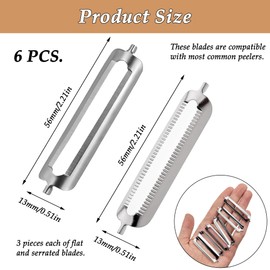 CHENNAN Pack of 6 Peeler Replacement Blade, Peeler Replacement Blades, Turbo Peeler, 2 Styles, Flat Blades + Serrated Blades, Replacement Blades for Peeler, Potato Peeler, Peeler Kitchen (56 mm)