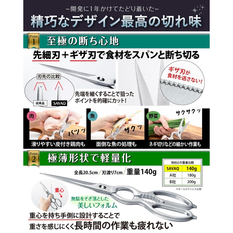 SAVAQ Kitchen Scissors, Disassembly, All Stainless Steel, Dishwasher Safe