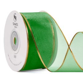 Green Christmas Ribbon Wired Sheer Organza Ribbon with Gold Sliver Border for Christmas Tree, 1.5 Inch 25 Yards
