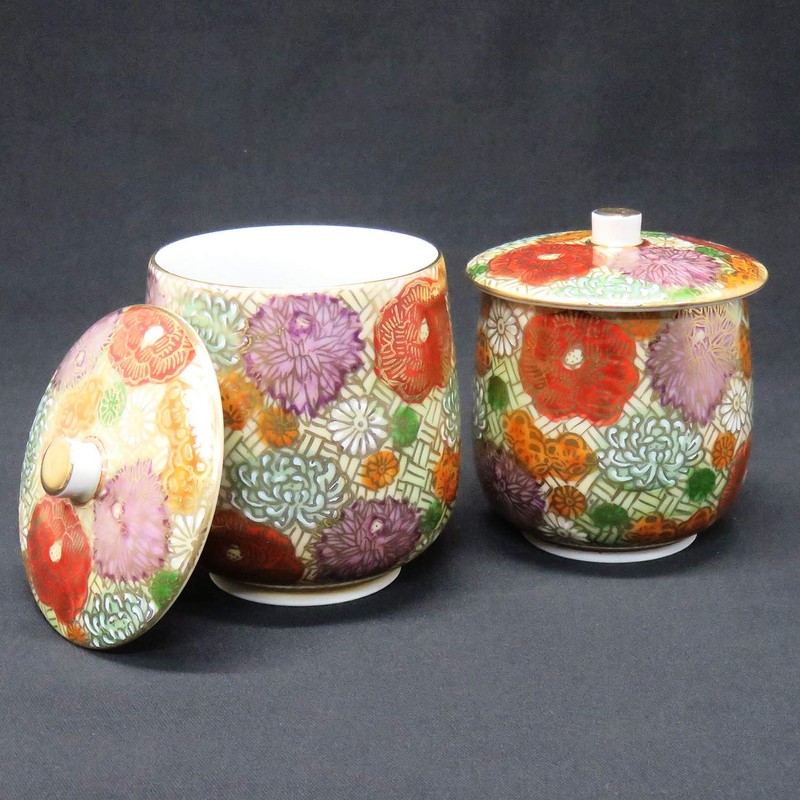 九谷焼 蓋付き 夫婦湯のみ 花詰 AK4-0739