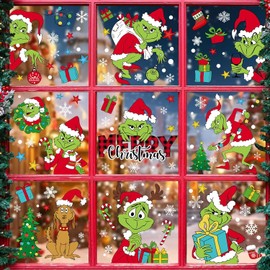 Grinch Christmas Stickers, 9 Sheets Window Stickers Christmas, Grinch Window Decoration Christmas, Double-Sided Christmas Decoration Window Snowflakes Window Decoration for Christmas Party Home Window