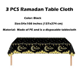 Qpout 3 Pack Ramadan Decorations Ramadan Table Cloth, Black and Gold Ramadan Kareem Table Cover, 54×108 Inch Ramadan Tablecloth, Ramadan Mubarak Table Decorations Eid Decorations, Plastic Disposable