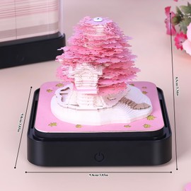 Desk Calendar with Lights, 2025 Desk Calendar 3D Memo Pad Paper Art Sakura Tree Creative 3D Notepad Paper Carving Gift Desktop Decoration (Pink Tree)
