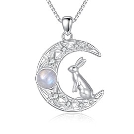 MILKYX Crescent Moon and Rabbit Necklace 925 Sterling Silver Genuine Moonstone Pendant Mystical Healing Gemstone Birthday Gift for Women