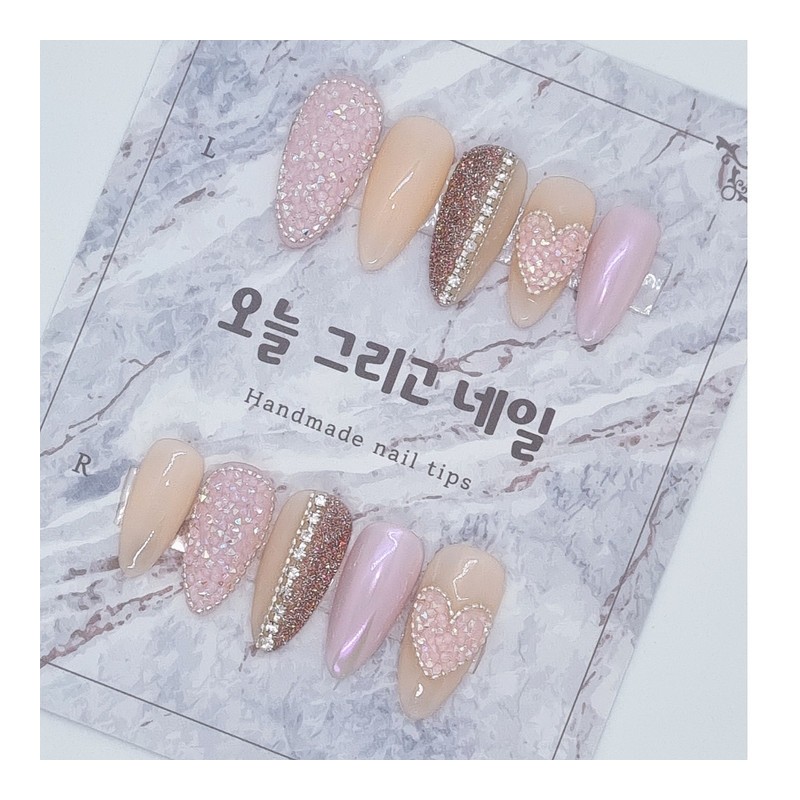 Blue Pink Pixie Heart Handmade Nail Tips - Coffin Egg