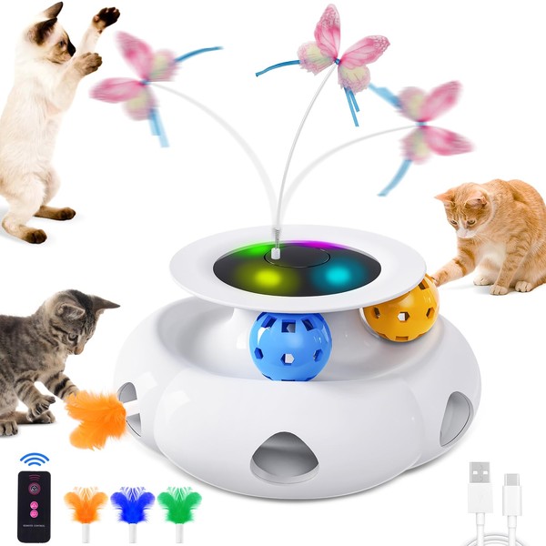 Xuyub Cat Toys Interactive Rechargeable 3-in-1 Ambush Feather, Fluttering Butterfly,