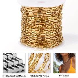 [33 Ft] 18K Gold Plated Paperclip Chains Roll, 3.3mm Gold Stainless Steel Oval Link Chains Spool Bulk for Jewelry Making