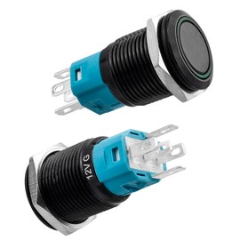 Yakamoz 2Pcs 16mm Waterproof Latching Push Button Switches, 12V Self-Locking Button On Off with Sockets Green LED Wiring Harness for Automotive, Marine, Industrial Machinery and DIY.