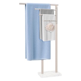 BathAce Standing Towel Rack, 304 Stainless Steel Towel Holder Stand with Weighted Marble Base, Floor Bath Towel Racks for Bathroom, Pool, Outdoor with 3 Swivel Towel Arms, Brushed Nickel