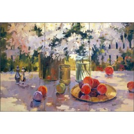 Artwork on Tile Fruit Tile Backsplash Steve Songer Peaches Daisies Art Ceramic Mural RW-SSA007 - 12.75" x 8.5" - 4.25" tiles