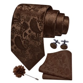 Gusleson Mens Dark Brown Tie and Lapel Pin Silk Paisley Coffee Necktie Hankerchief Cufflinks Set for Wedding (UK6105-12)