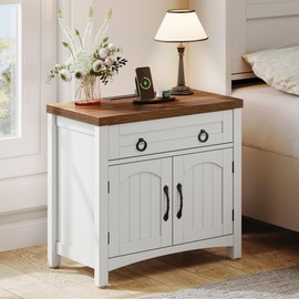 DWVO Farmhouse Nightstand with Charging Station, End Table w/2-Door Cabinet, Bed Side Table with Drawer, Wood Storage Bedside Cabinet, Night Stand for Bedchamber Living Room Narrow (Rustic White)