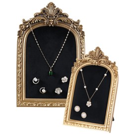 Wonderjune 2 Pcs Gold Jewelry Display Holder Vintage Necklace Stand Earring Tray Jewelry Photography Props Frame Organizer with Velvet Backing for Women Gifts(Black,Large,Small)
