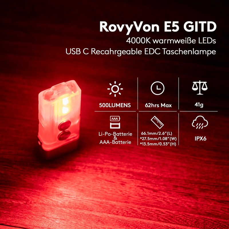 RovyVon E5R Keychain Flashlight, Glow in the Dark, Dual Power