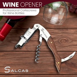SALCAS Wine Opener, Professional Corkscrew Wine bottle Opener with Foil Cutter & Cap Remover, Double Hinged Manual Wine Key Ideal for Bartenders, Servers, Waiters and Home Use (Naturalwood)