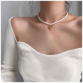 Cimenexe Bohemian Pearl Heart Pendant Necklace Gold Filigree Heart Choker Necklace Heart Cross collar necklace Baroque Pearl Necklace Chain Jewelry for Women and Girls Gifts