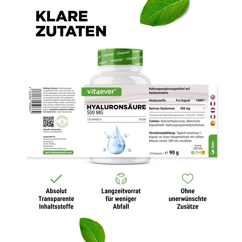 Hyaluronsäure - 120 Kapseln mit 500 mg Hyaluron für 4
