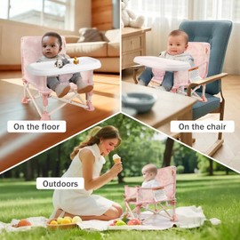 Tiny Marvels Portable 3-in-1 Baby Chair, Cozy Booster Seat, Baby Seat with Tray, Compact Foldable, Toddler Chair with Child Safety Belt Carry Bag, Perfect for Travel (Blush Bloom)