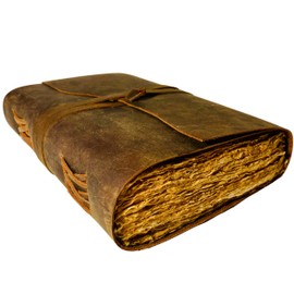 Vintage Leather Journal Deckle Edge Rustic Paper, Unlined Pages Book of Shadows, leatherbound Grimoire, Junk Notebook, Fantasy Medieval Gifts, Sketchbook, Scrapbook (Rustic Brown, 9x6)