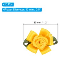 PATIKIL Mini Satin Ribbon Roses, 10 Pcs Small Rosettes Fabric Flowers with Green Leaves for Craft Projects Embellishments Applique, Yellow