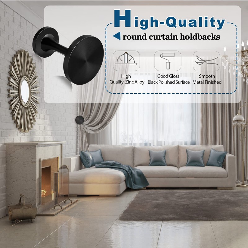 KOLAKO Curtain Tie Backs Hooks, Black Curtain Holdbacks Metal Wall