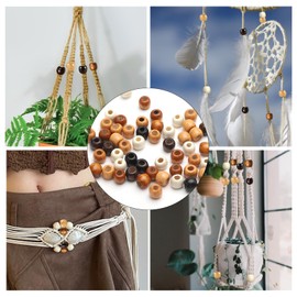 TNSLAND Pack of 200 Wooden Beads, 5 Colours Macrame Beads, Hair Beads, Large with 13 m Elastic Thread, Wooden Beads, Natural Wooden Beads, Macrame for DIY Dreadlocks Jewellery Making