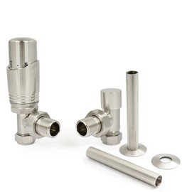Hot Flow Satin Nickel Cascade Angled Modern TRV Thermostatic Radiator Valve (Pair) Includes Angled TRV Body, One Lock Shield & Pipe Sleeve for Quick & Easy Temperature Control.